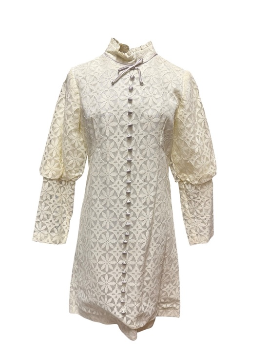 Vintage Dresses & Skirts - Vintage 1960s Ivory Lace Mod A-Line Dress Lavender Buttons and Bow